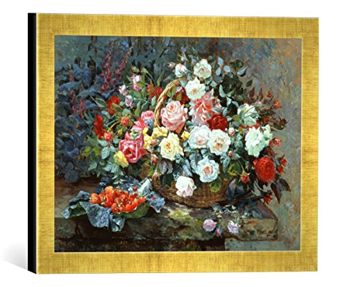 Gerahmtes Bild von Henri Saintin H.Saintin, Blumenkorb mit Rosen, Kunstdruck im hochwertigen handgefertigten Bilder-Rahmen, 40x30 cm, Gold Raya von kunst für alle