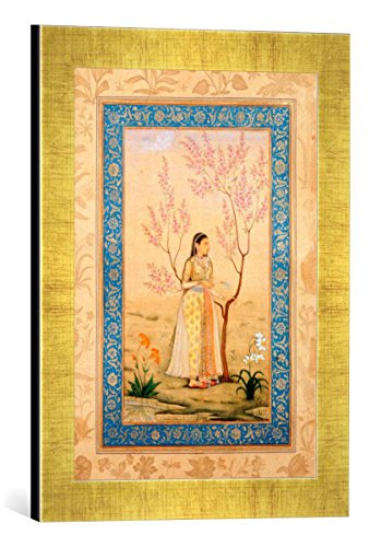 Gerahmtes Bild von Indische Miniatur Junge Frau unter Baum/indisch/1633-42, Kunstdruck im hochwertigen handgefertigten Bilder-Rahmen, 30x40 cm, Gold Raya von kunst für alle