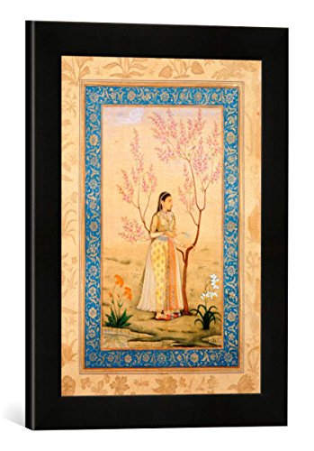 Gerahmtes Bild von Indische Miniatur Junge Frau unter Baum/indisch/1633-42, Kunstdruck im hochwertigen handgefertigten Bilder-Rahmen, 30x40 cm, Schwarz matt von kunst für alle