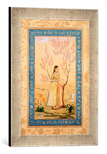 Gerahmtes Bild von Indische Miniatur Junge Frau unter Baum/indisch/1633-42, Kunstdruck im hochwertigen handgefertigten Bilder-Rahmen, 30x40 cm, Silber Raya von kunst für alle