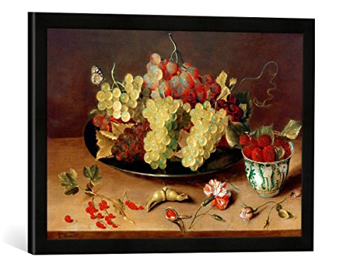 Gerahmtes Bild von Isaak Soreau Stilleben mit Weintrauben und Porzellanschale, Kunstdruck im hochwertigen handgefertigten Bilder-Rahmen, 60x40 cm, Schwarz matt von kunst für alle