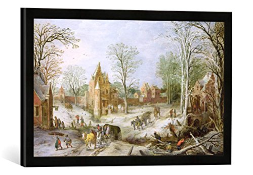 Gerahmtes Bild von J. & J.de Brueghel & Momper A wooded Winter Landscape with a cart, Kunstdruck im hochwertigen handgefertigten Bilder-Rahmen, 60x40 cm, Schwarz matt von kunst für alle