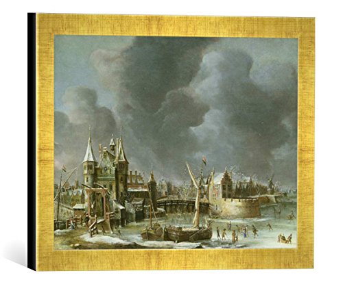 Gerahmtes Bild von Jan Abrahamsz. Beerstraten A View of The Regulierspoort, Amsterdam, in Winter, Kunstdruck im hochwertigen handgefertigten Bilder-Rahmen, 40x30 cm, Gold Raya von kunst für alle