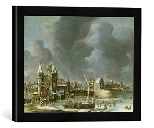 Gerahmtes Bild von Jan Abrahamsz. Beerstraten A View of The Regulierspoort, Amsterdam, in Winter, Kunstdruck im hochwertigen handgefertigten Bilder-Rahmen, 40x30 cm, Schwarz matt von kunst für alle