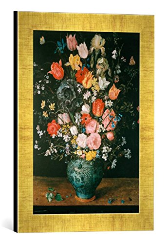 Gerahmtes Bild von Jan Brueghel der Ältere Blumen in Blauer Vase, Kunstdruck im hochwertigen handgefertigten Bilder-Rahmen, 30x40 cm, Gold Raya von kunst für alle