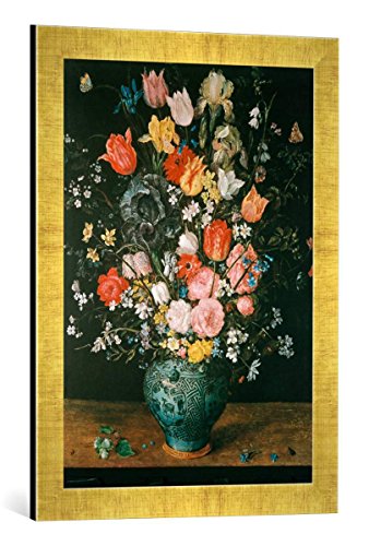 Gerahmtes Bild von Jan Brueghel der Ältere Blumen in Blauer Vase, Kunstdruck im hochwertigen handgefertigten Bilder-Rahmen, 40x60 cm, Gold Raya von kunst für alle