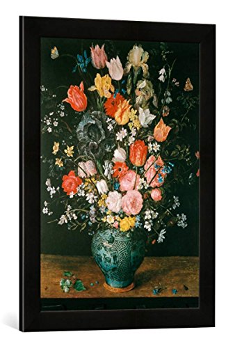 Gerahmtes Bild von Jan Brueghel der Ältere Blumen in Blauer Vase, Kunstdruck im hochwertigen handgefertigten Bilder-Rahmen, 40x60 cm, Schwarz matt von kunst für alle