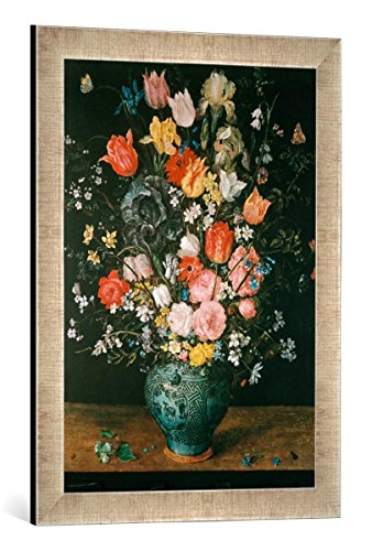 Gerahmtes Bild von Jan Brueghel der Ältere Blumen in Blauer Vase, Kunstdruck im hochwertigen handgefertigten Bilder-Rahmen, 40x60 cm, Silber Raya von kunst für alle