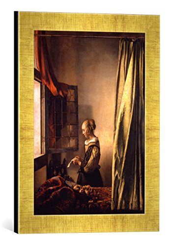Gerahmtes Bild von Jan Vermeer Van Delft Brieflesendes Mädchen am offenen Fenster, Kunstdruck im hochwertigen handgefertigten Bilder-Rahmen, 30x40 cm, Gold Raya von kunst für alle