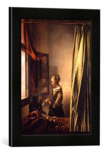 Gerahmtes Bild von Jan Vermeer Van Delft Brieflesendes Mädchen am offenen Fenster, Kunstdruck im hochwertigen handgefertigten Bilder-Rahmen, 30x40 cm, Schwarz matt von kunst für alle