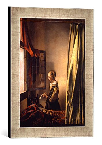 Gerahmtes Bild von Jan Vermeer Van Delft Brieflesendes Mädchen am offenen Fenster, Kunstdruck im hochwertigen handgefertigten Bilder-Rahmen, 30x40 cm, Silber Raya von kunst für alle