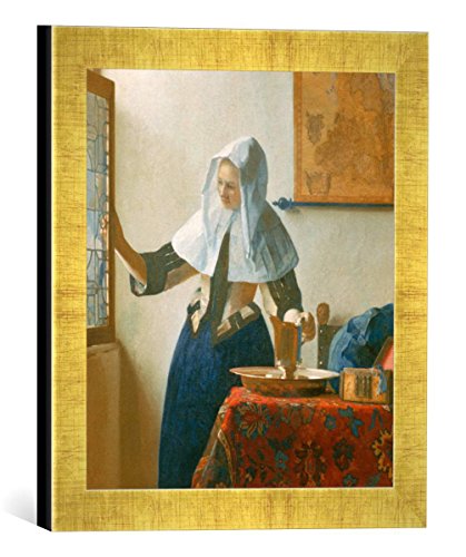 Gerahmtes Bild von Jan Vermeer Van Delft Junge Frau mit Wasserkanne am Fenster, Kunstdruck im hochwertigen handgefertigten Bilder-Rahmen, 30x30 cm, Gold Raya von kunst für alle