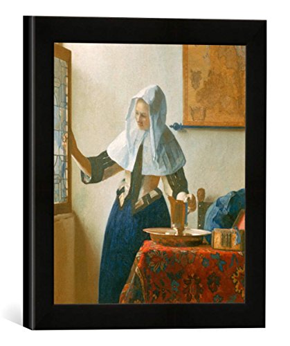 Gerahmtes Bild von Jan Vermeer Van Delft Junge Frau mit Wasserkanne am Fenster, Kunstdruck im hochwertigen handgefertigten Bilder-Rahmen, 30x30 cm, Schwarz matt von kunst für alle
