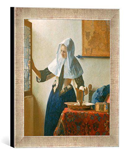 Gerahmtes Bild von Jan Vermeer Van Delft Junge Frau mit Wasserkanne am Fenster, Kunstdruck im hochwertigen handgefertigten Bilder-Rahmen, 30x30 cm, Silber Raya von kunst für alle