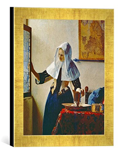 Gerahmtes Bild von Jan Vermeer Van Delft Junge Frau mit Wasserkrug am Fenster, Kunstdruck im hochwertigen handgefertigten Bilder-Rahmen, 30x30 cm, Gold Raya von kunst für alle