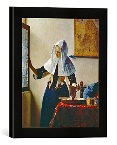 Gerahmtes Bild von Jan Vermeer Van Delft Junge Frau mit Wasserkrug am Fenster, Kunstdruck im hochwertigen handgefertigten Bilder-Rahmen, 30x30 cm, Schwarz matt von kunst für alle