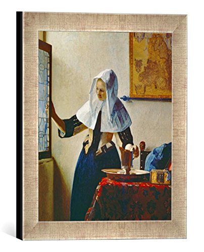 Gerahmtes Bild von Jan Vermeer Van Delft Junge Frau mit Wasserkrug am Fenster, Kunstdruck im hochwertigen handgefertigten Bilder-Rahmen, 30x30 cm, Silber Raya von kunst für alle