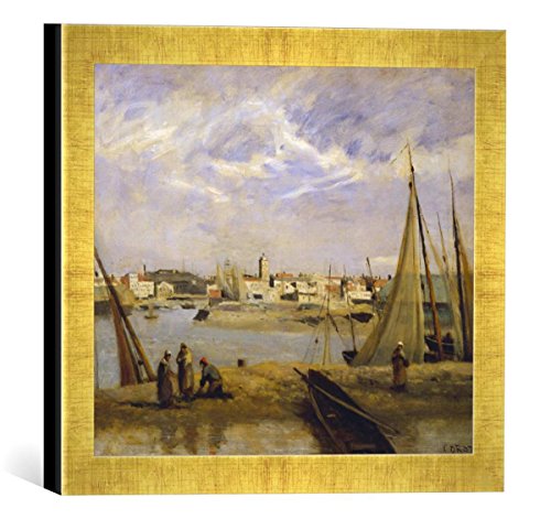 Gerahmtes Bild von Jean-Baptiste Camille Corot Blick über EIN Hafenbecken von Dünkirchen, Kunstdruck im hochwertigen handgefertigten Bilder-Rahmen, 30x30 cm, Gold Raya von kunst für alle