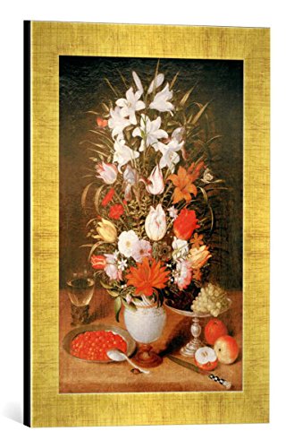 Gerahmtes Bild von Jeremias Van Winghe Blumen Einer Vase mit Früchten und einem Römer, Kunstdruck im hochwertigen handgefertigten Bilder-Rahmen, 30x40 cm, Gold Raya von kunst für alle