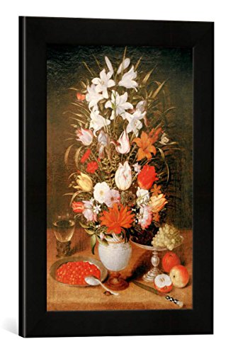 Gerahmtes Bild von Jeremias Van Winghe Blumen Einer Vase mit Früchten und einem Römer, Kunstdruck im hochwertigen handgefertigten Bilder-Rahmen, 30x40 cm, Schwarz matt von kunst für alle