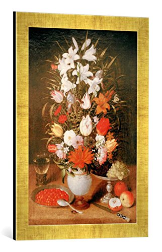 Gerahmtes Bild von Jeremias Van Winghe Blumen Einer Vase mit Früchten und einem Römer, Kunstdruck im hochwertigen handgefertigten Bilder-Rahmen, 40x60 cm, Gold Raya von kunst für alle