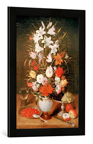 Gerahmtes Bild von Jeremias Van Winghe Blumen Einer Vase mit Früchten und einem Römer, Kunstdruck im hochwertigen handgefertigten Bilder-Rahmen, 40x60 cm, Schwarz matt von kunst für alle