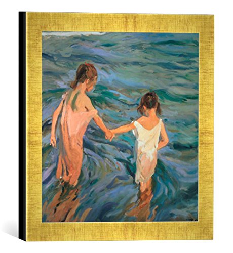 Gerahmtes Bild von Joaquin Sorolla y Bastida Children in The Sea, 1909", Kunstdruck im hochwertigen handgefertigten Bilder-Rahmen, 30x30 cm, Gold Raya von kunst für alle
