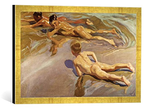 Gerahmtes Bild von Joaquin Sorolla y Bastida Niños en la Playa, Kunstdruck im hochwertigen handgefertigten Bilder-Rahmen, 60x40 cm, Gold Raya von kunst für alle