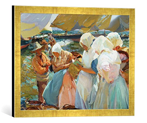 Gerahmtes Bild von Joaquin Sorolla y Bastida Valencianas en la Playa, Kunstdruck im hochwertigen handgefertigten Bilder-Rahmen, 60x40 cm, Gold Raya von kunst für alle