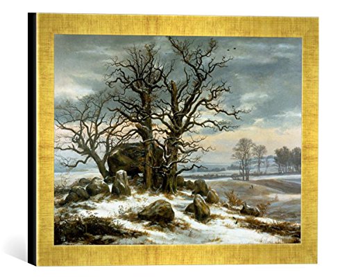 Gerahmtes Bild von Johann Christian Clausen Dahl Hünengrab nahe Vordingborg im Winter, Kunstdruck im hochwertigen handgefertigten Bilder-Rahmen, 40x30 cm, Gold Raya von kunst für alle