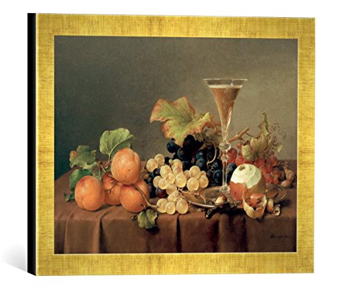 Gerahmtes Bild von Johann Wilhelm Preyer Früchtestilleben mit Sektglas, Kunstdruck im hochwertigen handgefertigten Bilder-Rahmen, 40x30 cm, Gold Raya von kunst für alle