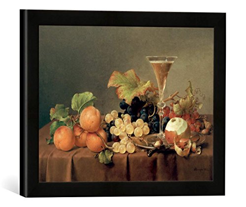 Gerahmtes Bild von Johann Wilhelm Preyer Früchtestilleben mit Sektglas, Kunstdruck im hochwertigen handgefertigten Bilder-Rahmen, 40x30 cm, Schwarz matt von kunst für alle