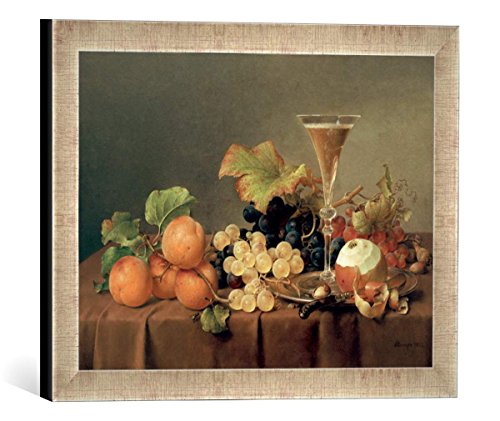 Gerahmtes Bild von Johann Wilhelm Preyer Früchtestilleben mit Sektglas, Kunstdruck im hochwertigen handgefertigten Bilder-Rahmen, 40x30 cm, Silber Raya von kunst für alle