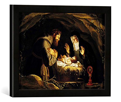 Gerahmtes Bild von Josefa de Ayala y Cabrera "Die Heiligen Franz von Assisi und Klara von Assisi in Anbetung des Jesuskindens", Kunstdruck im hochwertigen handgefertigten Bilder-Rahmen, 40x30 cm, Schwarz matt von kunst für alle