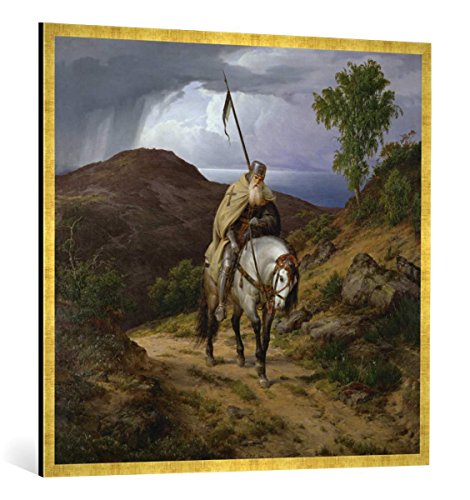 Gerahmtes Bild von Karl Friedrich Lessing Heimkehrender Kreuzritter/Gem.v.Lessing, Kunstdruck im hochwertigen handgefertigten Bilder-Rahmen, 100x100 cm, Gold Raya von kunst für alle