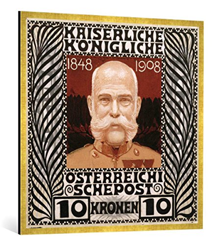 Gerahmtes Bild von Koloman Moser Franz Joseph I. / Briefmarke, Kolo Moser, Kunstdruck im hochwertigen handgefertigten Bilder-Rahmen, 100x100 cm, Gold Raya von kunst für alle