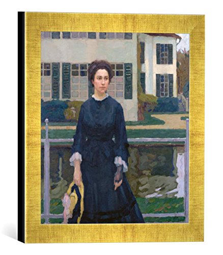 Gerahmtes Bild von Leo Putz Frieda Blell vor dem Schloss Planegg - Frau Putz im Garten, Kunstdruck im hochwertigen handgefertigten Bilder-Rahmen, 30x30 cm, Gold Raya von kunst für alle