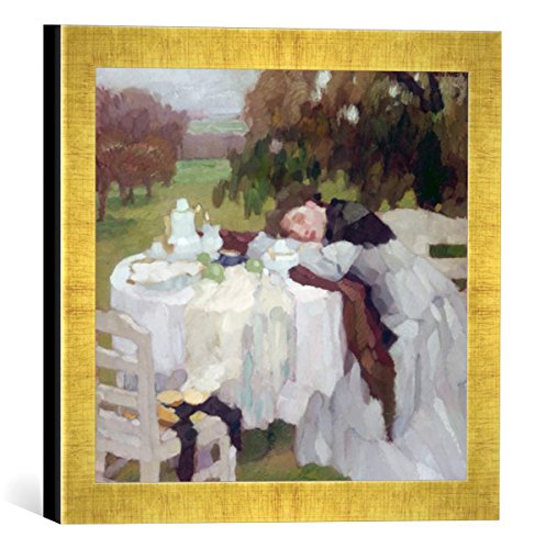 Gerahmtes Bild von Leo Putz Mädchen am Frühstückstisch - Toni, Kunstdruck im hochwertigen handgefertigten Bilder-Rahmen, 30x30 cm, Gold Raya von kunst für alle