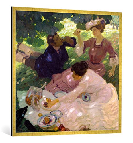 Gerahmtes Bild von Leo Putz Picknick I, Kunstdruck im hochwertigen handgefertigten Bilder-Rahmen, 100x100 cm, Gold Raya von kunst für alle