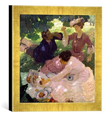 Gerahmtes Bild von Leo Putz Picknick I, Kunstdruck im hochwertigen handgefertigten Bilder-Rahmen, 30x30 cm, Gold Raya von kunst für alle