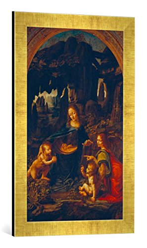 Gerahmtes Bild von Leonardo da Vinci Die Felsgrottenmadonna, Kunstdruck im hochwertigen handgefertigten Bilder-Rahmen, 40x60 cm, Gold Raya von kunst für alle