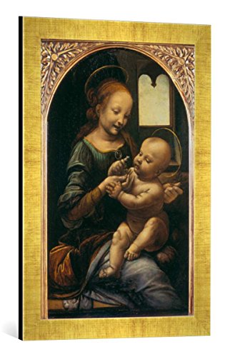 Gerahmtes Bild von Leonardo da Vinci Madonna Benois - Madonna mit der Blume, Kunstdruck im hochwertigen handgefertigten Bilder-Rahmen, 40x60 cm, Gold Raya von kunst für alle