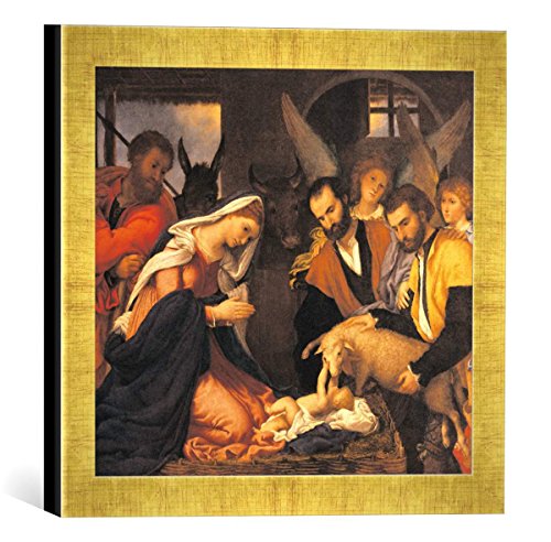 Gerahmtes Bild von Lorenzo Lotto Die Anbetung der Hirten, Kunstdruck im hochwertigen handgefertigten Bilder-Rahmen, 30x30 cm, Gold Raya von kunst für alle