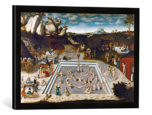 Gerahmtes Bild von Lucas Cranach der Ältere Der Jungbrunnen, Kunstdruck im hochwertigen handgefertigten Bilder-Rahmen, 60x40 cm, Schwarz matt von kunst für alle