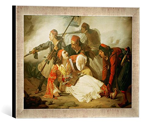 Gerahmtes Bild von Ludovico Lipparini Tod des Markos Botsaris, Kunstdruck im hochwertigen handgefertigten Bilder-Rahmen, 40x30 cm, Silber Raya von kunst für alle