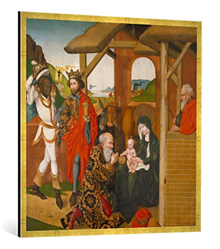 Gerahmtes Bild von Martin Schongauer Die Anbetung der Könige. Tafel des Hochaltars der Dominikanerkirche Colmar, Kunstdruck im hochwertigen handgefertigten Bilder-Rahmen, 100x100 cm, Gold Raya von kunst für alle