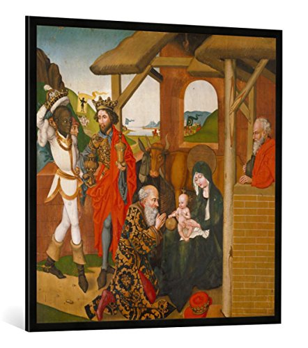 Gerahmtes Bild von Martin Schongauer Die Anbetung der Könige. Tafel des Hochaltars der Dominikanerkirche Colmar, Kunstdruck im hochwertigen handgefertigten Bilder-Rahmen, 100x100 cm, Schwarz matt von kunst für alle