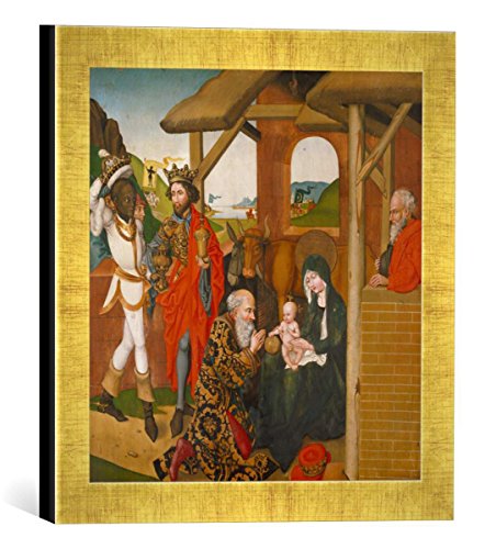 Gerahmtes Bild von Martin Schongauer Die Anbetung der Könige. Tafel des Hochaltars der Dominikanerkirche Colmar, Kunstdruck im hochwertigen handgefertigten Bilder-Rahmen, 30x30 cm, Gold Raya von kunst für alle