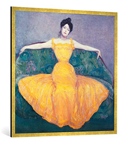 Gerahmtes Bild von Max Kurzweil Dame in Gelb, Kunstdruck im hochwertigen handgefertigten Bilder-Rahmen, 100x100 cm, Gold Raya von kunst für alle
