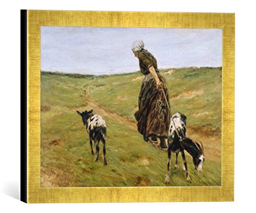 Gerahmtes Bild von Max Liebermann Frau mit Geißen in den Dünen, Kunstdruck im hochwertigen handgefertigten Bilder-Rahmen, 40x30 cm, Gold Raya von kunst für alle